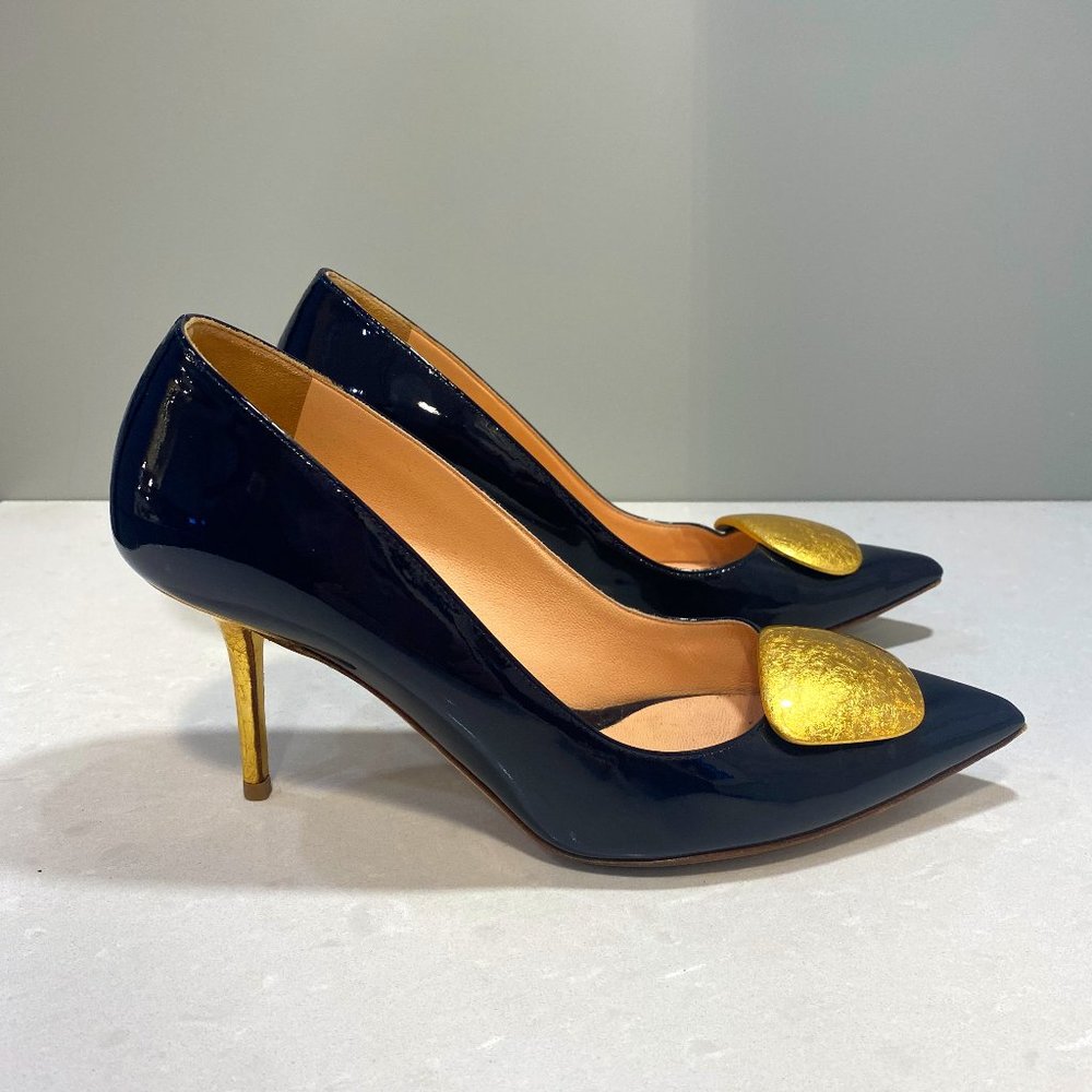 Rupert Sanderson Gold Pebble Midnight Patent sz 36.5